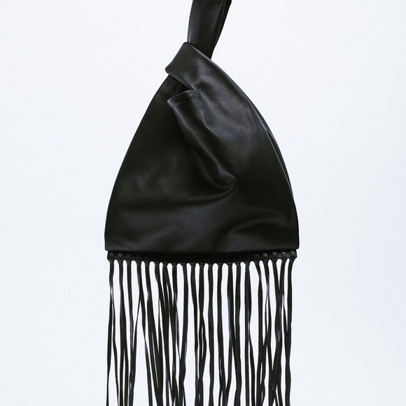 ZARA Fringed Leather Handbag Black BNWT - Picture 6 of 6